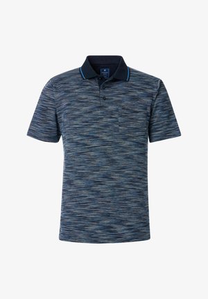 Blauw en marineblauw polo shirt met korte mouwen en een gestructureerd patroon, voorzien van een kraag en een klein zakje aan de linkerzijde.