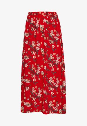 Rode maxi-rok met bloemenprint en elastische taille. Heeft een patroon van witte en roze bloemen met groene bladeren, gemaakt van lichtgewicht stof.