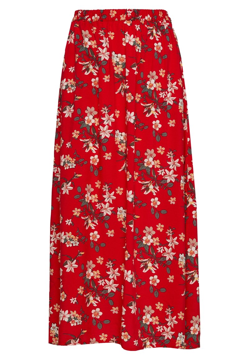 Falda larga floral roja con cintura elástica. Presenta un diseño de flores blancas y rosas con hojas verdes, confeccionada en tela ligera.