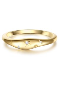 Zlati prstan s ukrivljeno obliko, okrašen z zvezdnimi akcenti in tremi svetlečimi diamanti. Gladka tekstura z bleščečo obdelavo.
