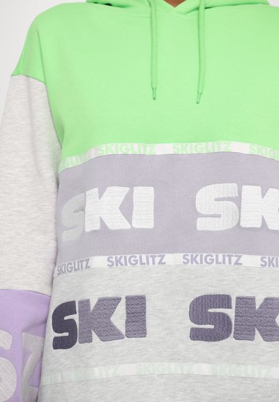 Hooded sweatshirt in green, gray, and lavender, featuring bold "SKI" and "SKIGLITZ" text. Soft fabric with a color-blocked design.