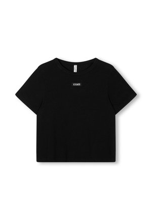 Schwarzes T-Shirt mit kurzen Ärmeln, aus Baumwolle, mit einem Rundhalsausschnitt und einem kleinen weißen Grafiklabel auf der Brust.