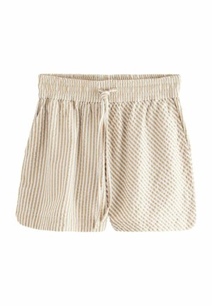 Gestreifte Shorts in Beige und Weiß, aus leichtem Stoff. Sie verfügen über einen elastischen Bund mit Kordelzug und Seitentaschen.