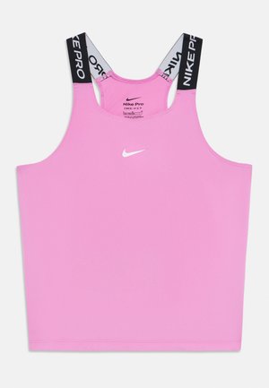 Rosa Nike Pro Dri-FIT ärmlös atletisk topp med svarta och vita band med varumärke och vit Nike Swoosh-logotyp på mitten framtill.