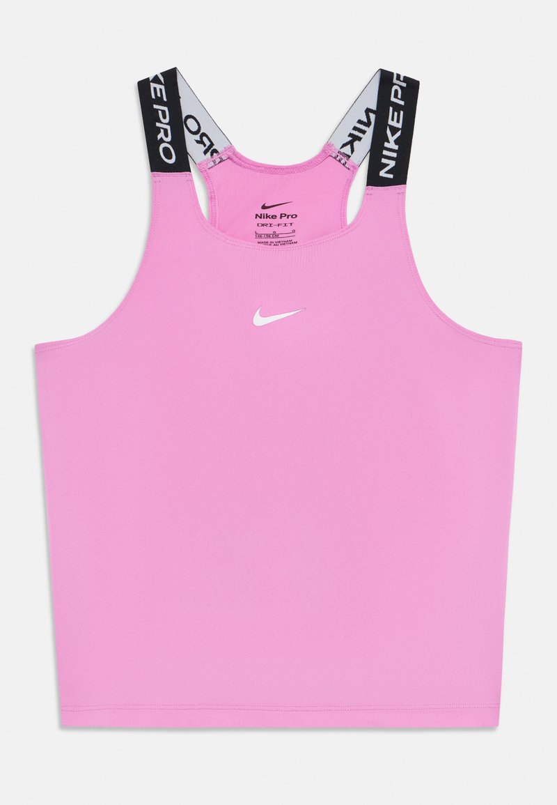 Haut de sport sans manches Nike Pro Dri-FIT rose avec bretelles noires et blanches marquées et logo Nike Swoosh blanc au centre avant.