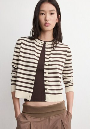 Giovane donna con capelli lunghi e scuri che indossa un cardigan a righe crema e marrone con bottoni sopra una maglia marrone a coste e pantaloni marroni.