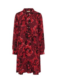 Rochie florală cu o paletă de culori roșu și negru, mâneci lungi, guler și detalii cu nasturi, realizată dintr-un material ușor, cu o croială fluidă.