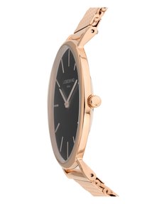 Roze gouden horloge met een zwarte wijzerplaat, slank ontwerp, gladde metalen kast, minimalistische uurmarkeringen en een textuur, geweven band.