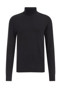 Svart polotröja i mjukt, slätt tyg. Har långa ärmar samt ribbade muddar och fåll för en figurnära silhuett.