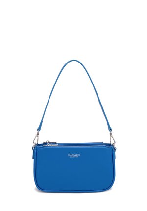 Petit sac à main bleu avec bandoulière amovible, double compartiment zippé et logo argenté "DIANA&CO COLLECTION" sur le devant.