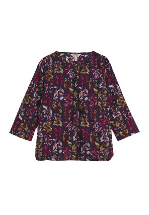 Blouse à manches longues bleu marine avec un col rond, présentant un motif floral coloré aux tons rouges, jaunes et roses.