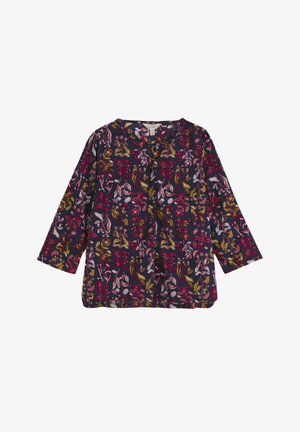 Blouse à manches longues bleu marine avec un col rond, présentant un motif floral coloré aux tons rouges, jaunes et roses.