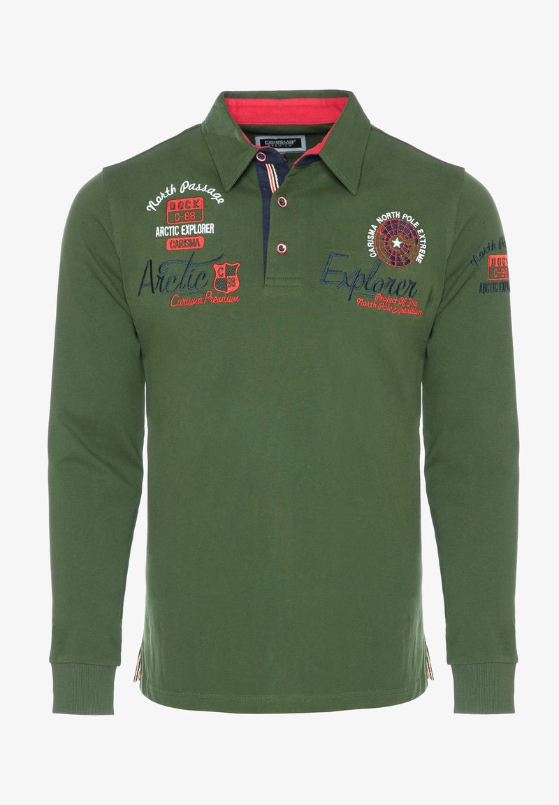 Roheline pika varrukaga polo särk, millel on krae, punased detailid ja pingutatud logod. Puuvillane materjal, tavaline lõige ja külgmised lõhikud.