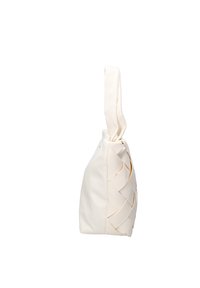 Borsa bianca in pelle con un design tessuto e strutturato da un lato e una finitura liscia. Presenta un manico lungo e robusto.