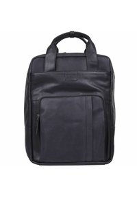 Zaino in pelle nera con due manici superiori, una tasca frontale con zip, texture liscia e dettagli di cucitura sottili. Forma rettangolare compatta.