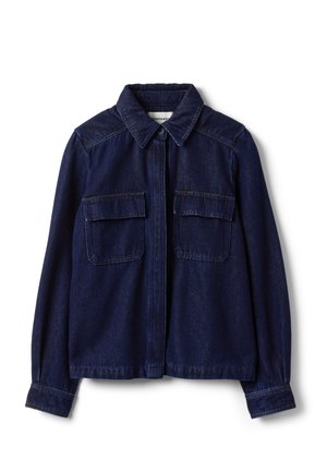 Dark blue denim jacket with long sleeves, two front flap pockets, and a pointed collar, displayed flat on a white background.