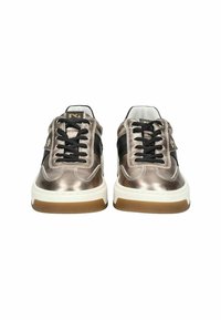 Metallic bronze sneakers with black accent stripes, white midsole, black laces, and textured gum rubber outsole. Features logo on tongue.
