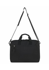Bolsa negra para portátil con asas dobles y una correa de hombro ajustable. Hecha de tela suave, con un bolsillo frontal con cremallera y líneas limpias.