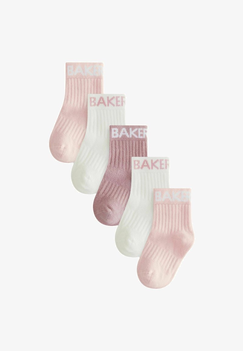 Five pairs of socks in pink and white hues, featuring ribbed texture and "BAKER" branding on the cuffs, with light and dark variations.
