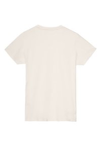 Jednoduché off-white tričko s krátkým rukávem, zobrazené zezadu, s kulatým výstřihem a bez viditelných log nebo designů.
