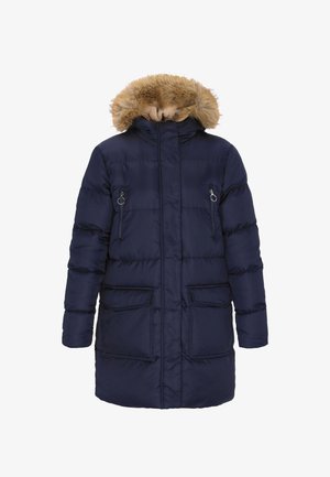 Navy puffer coat with a faux fur hood, featuring zippered chest pockets, two front flap pockets, and stitched panel detailing.