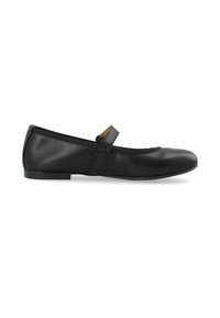Black leather ballet flat shoe with a rounded toe and a decorative strap across the instep. Features a low, flat sole.