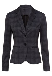 Blazer de cuadros negros con diseño ajustado, cierre de un solo botón, dos bolsillos delanteros y solapa con muesca en una tela texturizada.