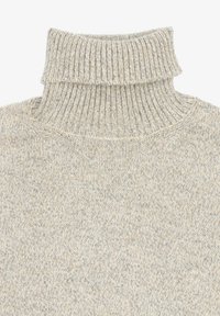 Maglione a collo alto beige a coste, con un colletto aderente e un motivo a maglia testurizzato. Colore uniformemente miscelato con sottili variazioni in tutto il capo.