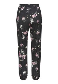 Floral print pajama pants in black fabric featuring pink and white flowers. Elastic waistband with cuffed hems. Soft, smooth texture.