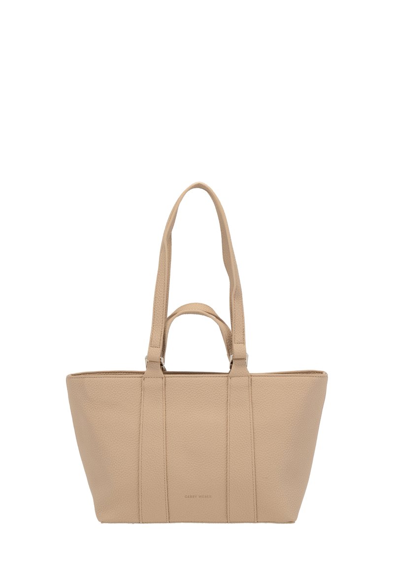 Borsa tote in pelle beige con due manici lunghi e due corti, superficie texturizzata e discreta brandizzazione "Gerry Weber" sul davanti.