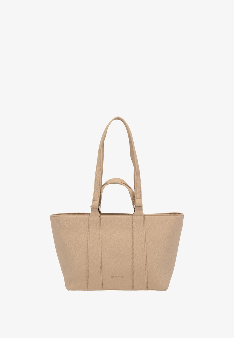 Borsa tote in pelle beige con due manici lunghi e due corti, superficie texturizzata e discreta brandizzazione "Gerry Weber" sul davanti.