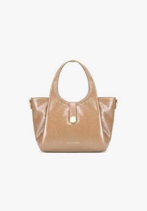 Hellbraune Lederhandtasche mit einem runden Griff, goldfarbener Knopfverschluss, seitlichen Riemen und dem "WITTCHEN"-Logo im unteren Zentrum.