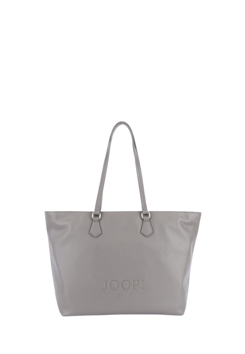 Borsa tote grigia realizzata in materiale strutturato con due spallacci e accenti esagonali. Presenta il logo "JOOP! JEANS" impresso sul davanti.
