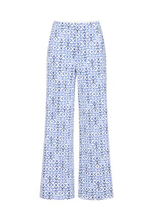 Pantalon taille haute à jambes larges avec un motif floral géométrique bleu et blanc, fermeture avant par boutons.