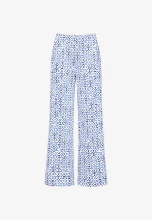 Pantalon taille haute à jambes larges avec un motif floral géométrique bleu et blanc, fermeture avant par boutons.