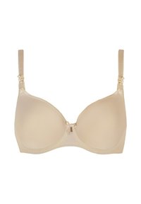 Beżowy biustonosz z fiszbinami o gładkim, matowym wykończeniu i minimalnymi zdobieniami. Regulowane ramiączka i proste zapięcie z przodu. Klasyczny fason zapewniający wsparcie.