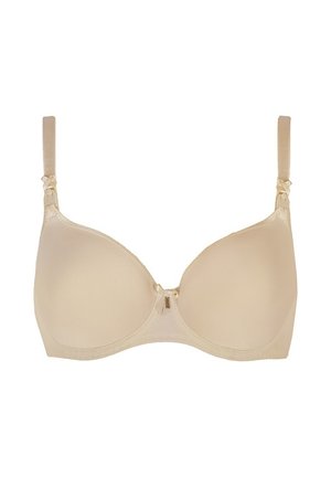 Beige beugelbeha met een gladde, matte afwerking en minimale details. Verstelbare bandjes en een eenvoudige sluiting aan de voorkant. Klassieke vorm voor ondersteuning.