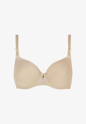 Beige beugelbeha met een gladde, matte afwerking en minimale details. Verstelbare bandjes en een eenvoudige sluiting aan de voorkant. Klassieke vorm voor ondersteuning.