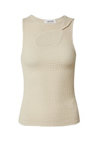 Cremiger, ärmelloser Oberteil mit texturierter Oberfläche, runder Ausschnitt und asymmetrischem Cut-out-Detail an der Schulter.