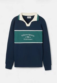 Maglietta rugby a maniche lunghe blu navy e verde con colletto bianco. Presenta il logo "Silbon Sports" e testo al centro con un design a contrasto.