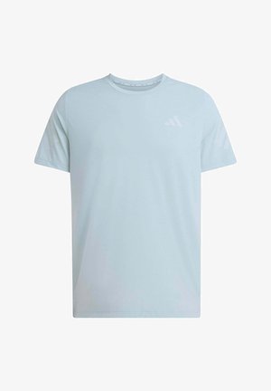 T-shirt Adidas bleu clair à manches courtes et col rond avec un logo discret sur la poitrine et la manche, sur fond blanc.