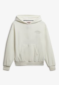 Sudadera con capucha color blanco roto, con bolsillo tipo canguro en la parte frontal y un sutil logo bordado de "Superdry" en el lado izquierdo del pecho.