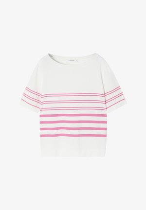 Top bianco a maniche corte con righe orizzontali rosa e grigio chiaro. Realizzato in un tessuto morbido con scollatura rotonda.