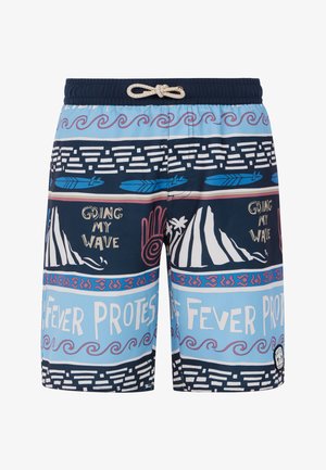 Zwemshorts in een lichtblauw en marineblauw ontwerp met verschillende grafische patronen, waaronder golven, bergen en tekst. Voorzien van een verstelbare tailleband.