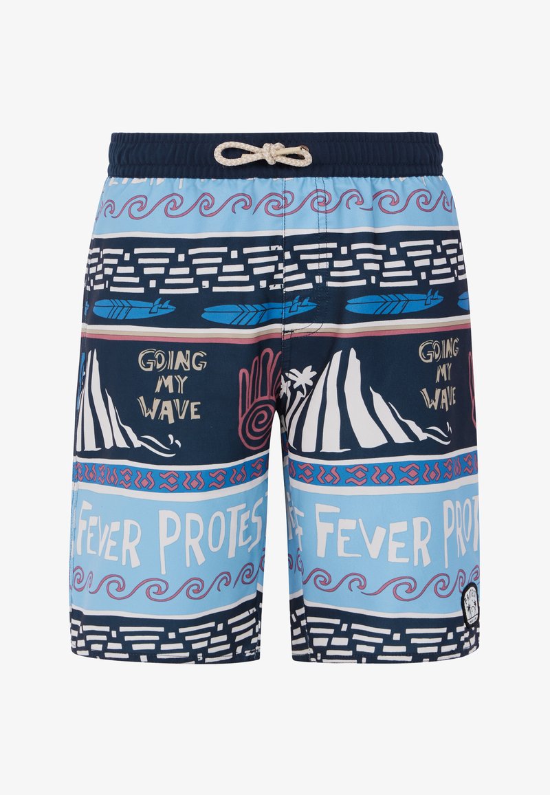 Zwemshorts in een lichtblauw en marineblauw ontwerp met verschillende grafische patronen, waaronder golven, bergen en tekst. Voorzien van een verstelbare tailleband.