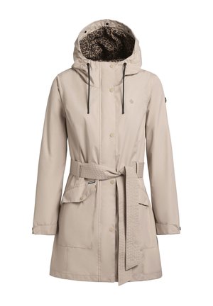 Beige wasserdichter Mantel mit Kapuze, Gürtel und Futter im Leopardenmuster. Verfügt über Druckknöpfe, zwei Vorderentaschen und verstellbare Kordeln.