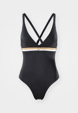 Melna viengabala peldkostīms ar dziļu V veida kakla izgriezumu, krustveida siksnām un horizontālu svītru akcentu zeltā un baltā krāsā ap vidukli.