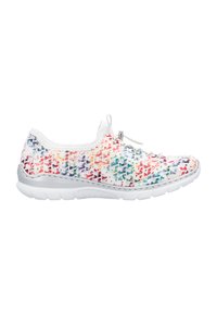 White athletic shoe with a multicolored, textured upper featuring a geometric pattern. Soft sole with silver accents and elastic laces.