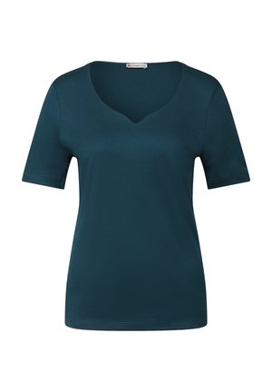 T-shirt verde acqua con scollatura a V, realizzato in tessuto morbido, con maniche corte e vestibilità comoda. Non sono visibili motivi o decorazioni.