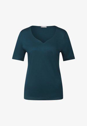 Teal V-hals T-shirt gemaakt van zachte stof, met korte mouwen en een relaxte pasvorm. Geen patronen of versieringen zichtbaar.